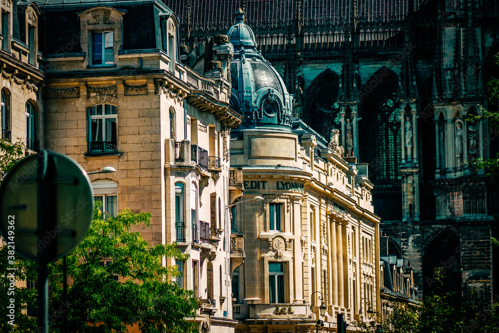 View of the facade of a building in the downtown of Reims in France
View of the facade of a building in the downtown of Reims in France