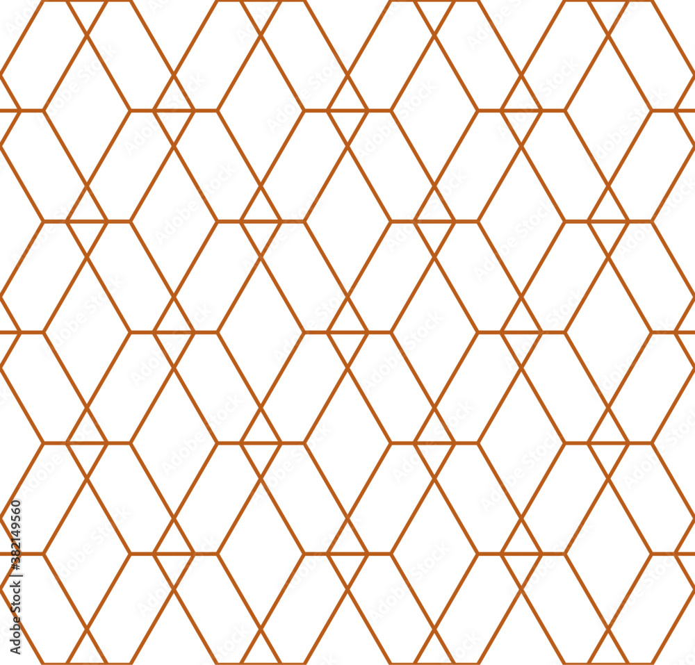 Fototapeta premium Interlocking grid of different sized diamond shapes in a repeating gold outline pattern on a white background, geometric vector illustration