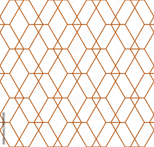 Interlocking grid of different sized diamond shapes in a repeating gold outline pattern on a white background, geometric vector illustration