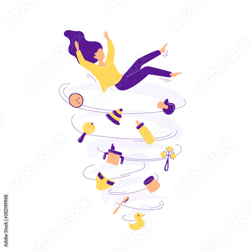 Woman falls into a cycle of caring for a newborn. Postpartum depression concept, motherhood problems. Postnatal depression. Psychological help and support for young mother.Isolated vector illustration