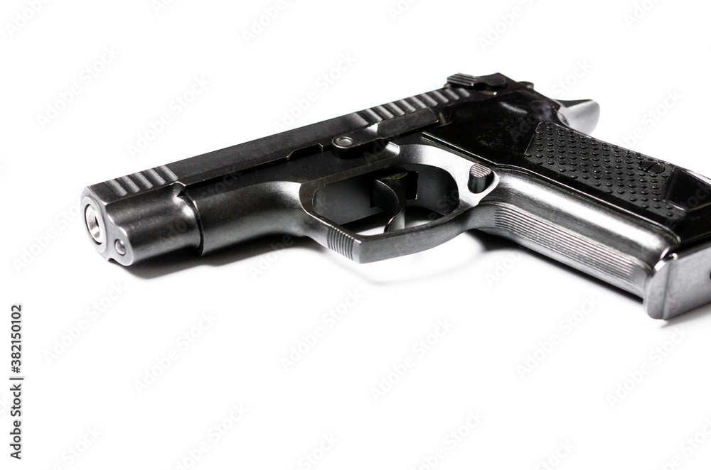 The legalization of weapons. Black traumatic gun on a white background
