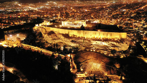 Aerial drone photo of Athens urban illuminated centre by night, Attica, Greece