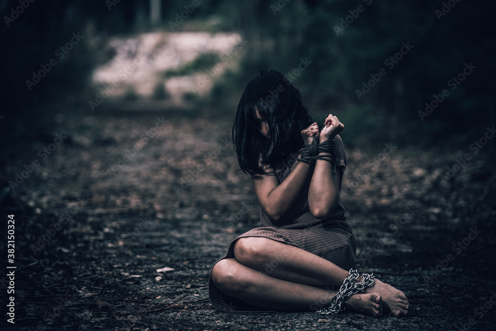 Asian Hostage Woman Bound With Rope At Night Scenethe Thieves