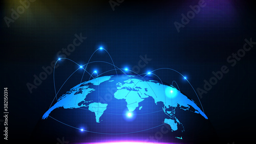 abstract futuristic background of blue glowing line connection technology flow and world maps