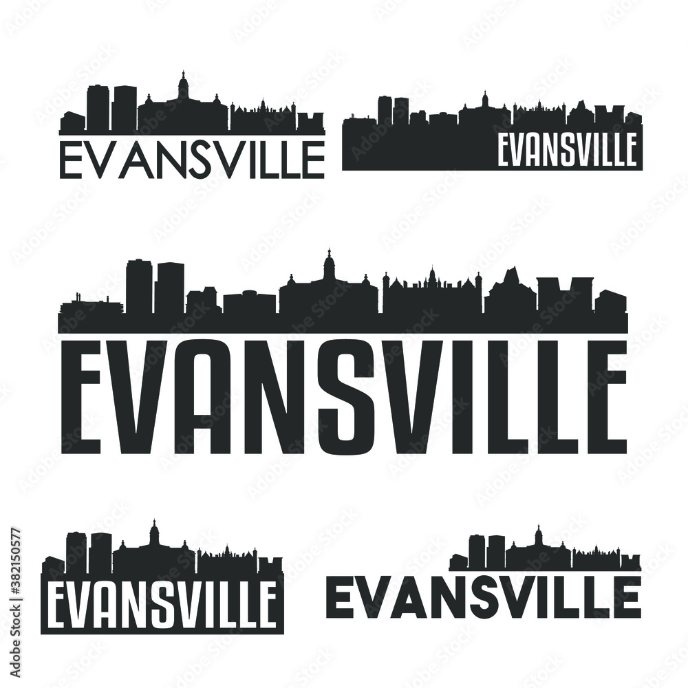 Evansville Indiana USA Flat Icon Skyline Vector Silhouette Design Set logos.
