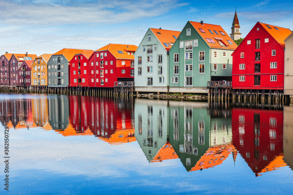 Trondheim, Norway. Colorful timber houses and Nidelva river in the old town district.