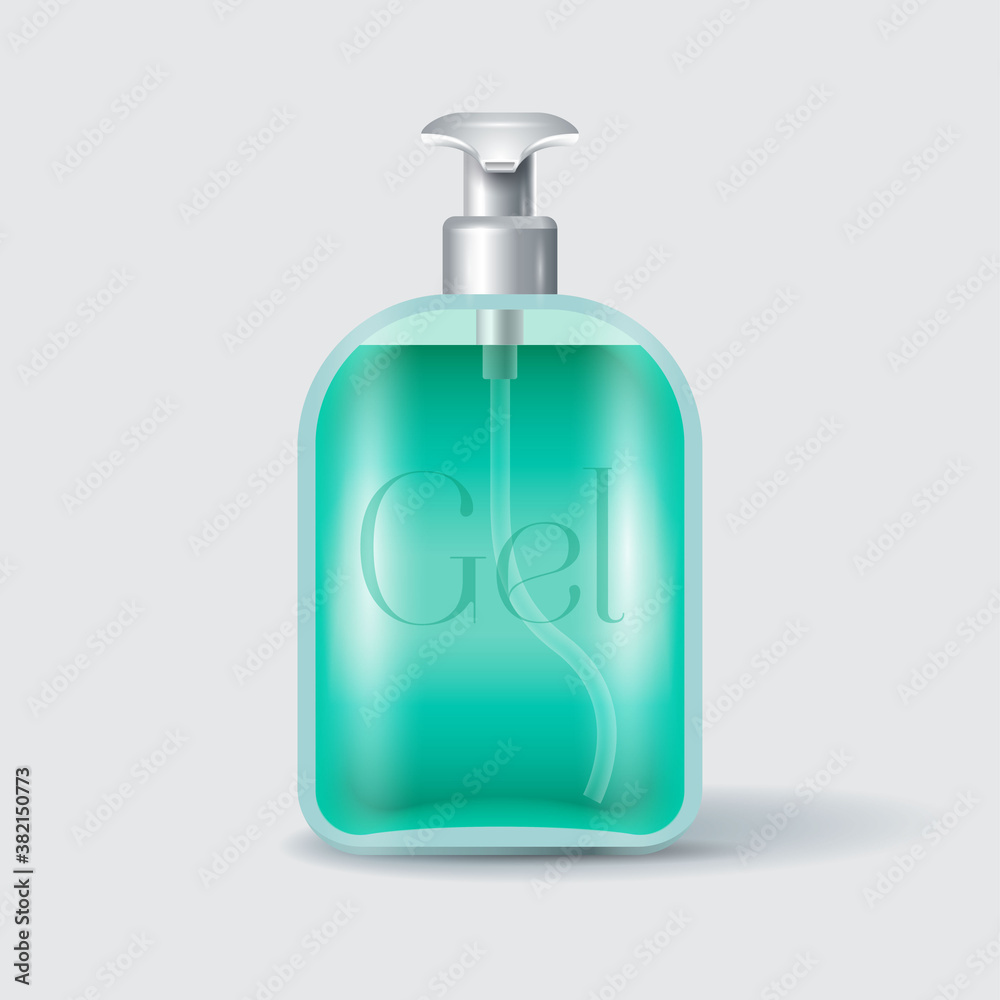 Mock up of bottle with dispenser and transparent liquid. Container for cosmetic liquid, antibacterial gel or soap. Antiviral protection for hands and body. Mock up of bottle with dispenser and transparent liquid. Container for cosmetic liquid, antibacterial gel or soap. Antiviral protection for hands and body.