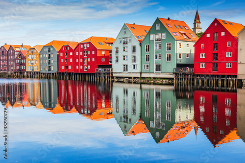 Trondheim, Norway. Colorful timber houses and Nidelva river in the old town district. photo