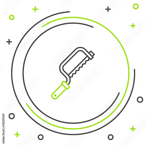 Line Hacksaw icon isolated on white background. Metal saw for wood and metal. Colorful outline concept. Vector.
