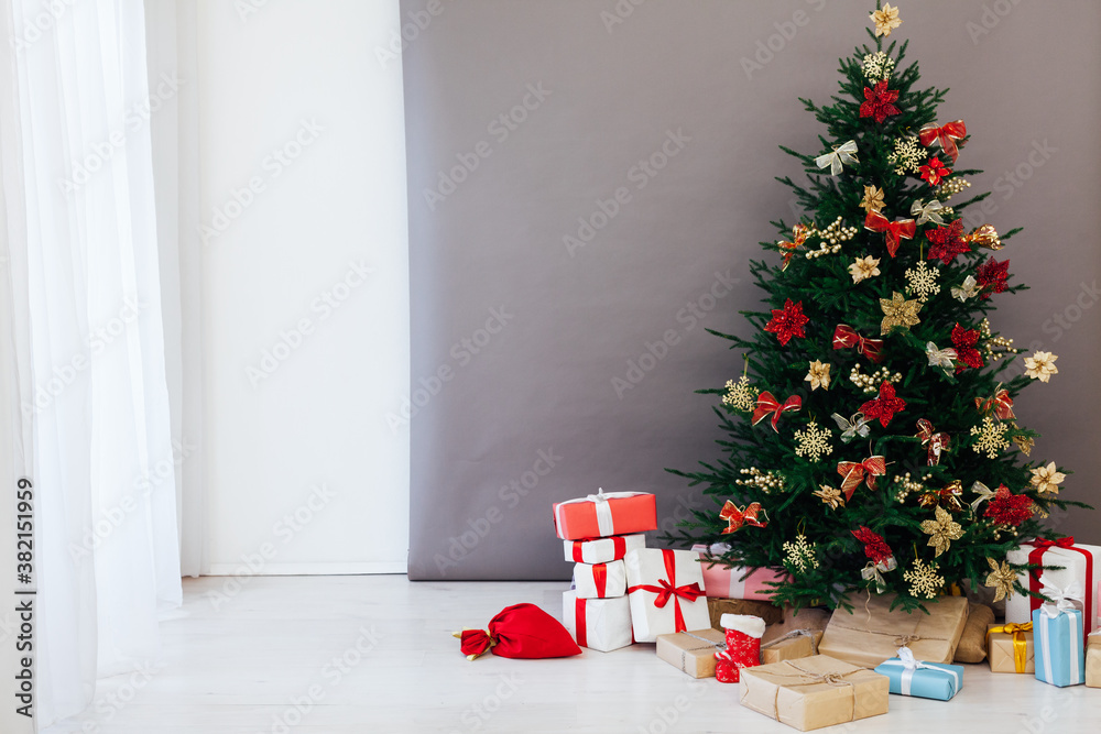 Christmas tree pine with gifts for the new year postcard white gray background decor Christmas tree pine with gifts for the new year postcard white gray background decor