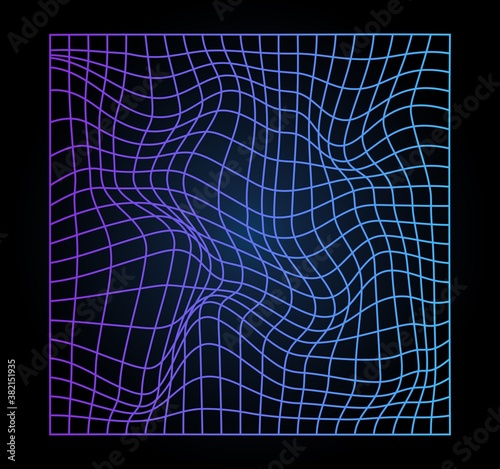 Distorted neon light grid pattern. Glitch. Retrowave, synthwave, vapor wave. Technology background. Yesterday’s tomorrow style. Black, purple, blue colors. Banner, print, wallpaper, web template