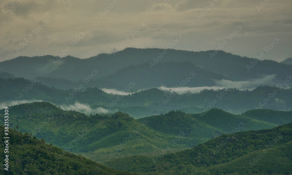 Layer of mountain from aerial view of ranong province in morning sky