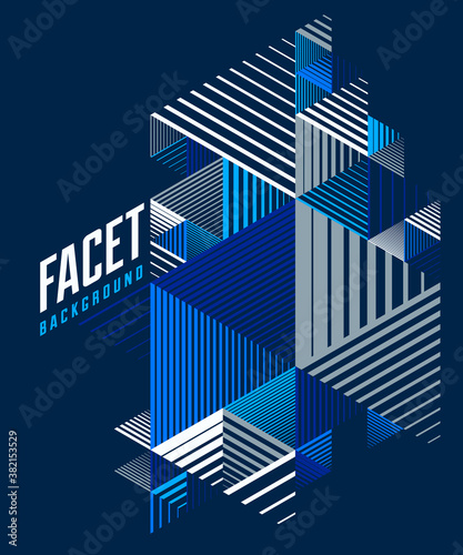 Line design 3D cubes and triangles abstract background  polygonal low poly isometric retro style template. Stripy graphic element isolated. Template for poster or banner  cover or ad.
