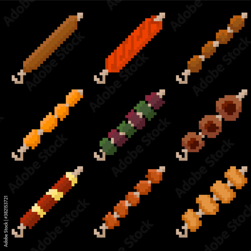 Food set of nine images of shish kebab. Images for different purposes sites, logos, restaurant menus, and more.