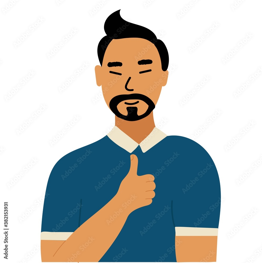 young asian man showing thumb up. Cheerful optimist. Slanted eyes, black hair, yellow skin. Chinese, Japanese, Korean. Cartoon hand drawing illustration vector young asian man showing thumb up. Cheerful optimist. Slanted eyes, black hair, yellow skin. Chinese, Japanese, Korean. Cartoon hand drawing illustration vector