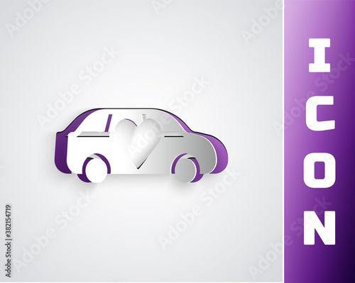 Paper cut Luxury limousine car icon isolated on grey background. For world premiere celebrities and guests poster. Paper art style. Vector.