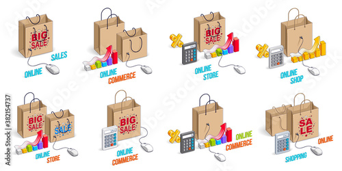 Online shop internet retail sale vector 3D illustrations set isolated on white background, shopping bags with pc mouse, store discount, black Friday concept, clearance.