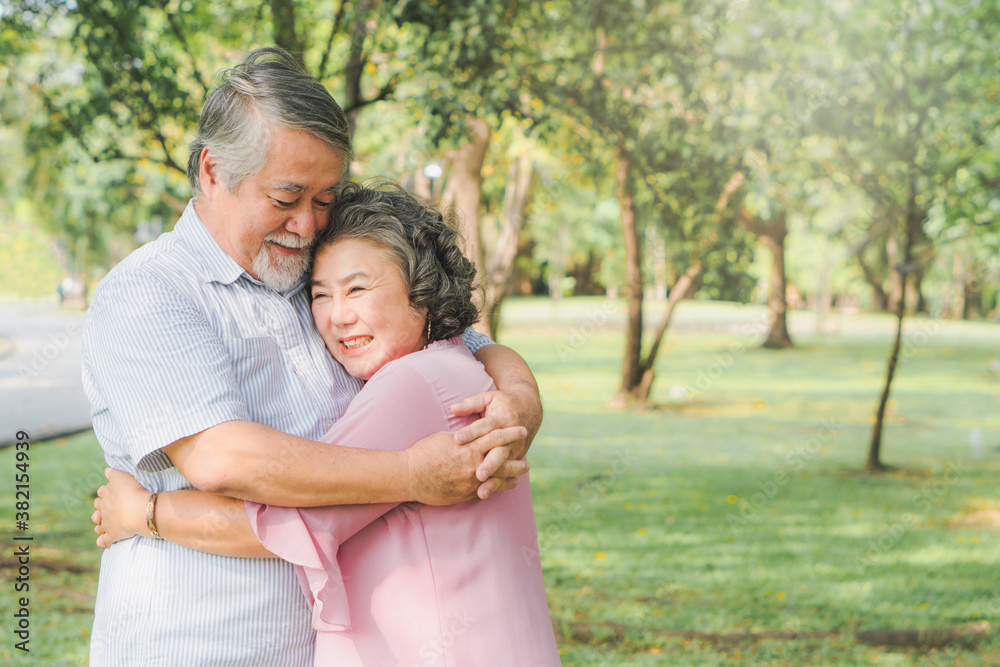 Happy asian elderly couple hugging together in the park Happy asian elderly couple hugging together in the park