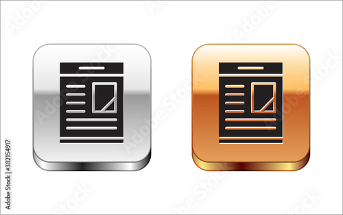 Black Newspaper advertisement displaying obituaries icon isolated on white background. Silver-gold square button. Vector.