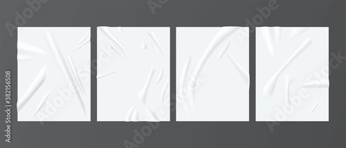 White paper glued realistic mockups set. Wrinkled, crumpled vertical posters. Copy space.