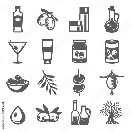 Olive oil, leaves, tree bold black silhouette icons set isolated on white.