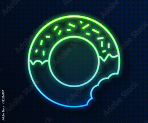 Glowing neon line Donut with sweet glaze icon isolated on blue background. Vector.