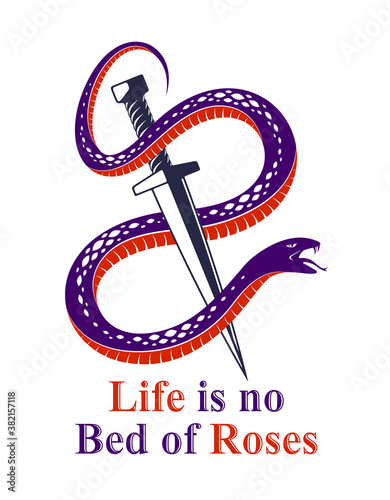 Dagger kills a Snake, defeated Serpent wraps around a sword vector vintage tattoo, Life is a Fight concept, life is no bed of roses, allegorical logo or emblem of ancient symbol.