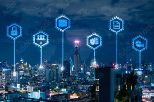 city skyline with network hologram