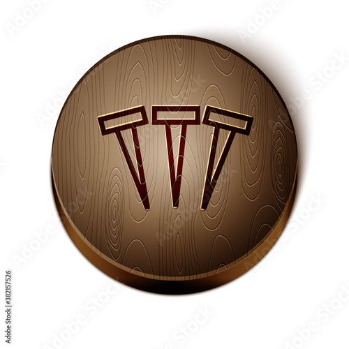 Brown line Metallic nails icon isolated on white background. Wooden circle button. Vector.