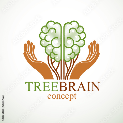 Tree Brain concept, the wisdom of nature, intelligent evolution. Human anatomical brain in a shape of green tree with carrying hands. Brain feeding with diet products. Vector logo or icon design.