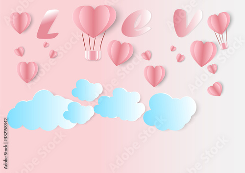 Valentines day, Illustration of love, pink heart hot air balloons flying in the pink sky, paper art style