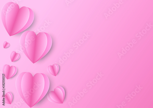 Paper elements in shape of heart flying on pink background. Vector symbols of love for Happy Women's, Mother's, Valentine's Day, birthday greeting card design.