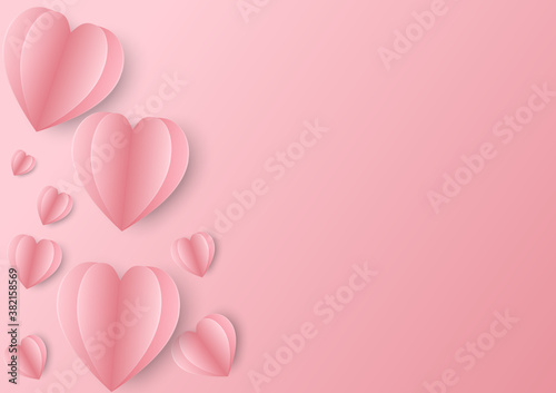 Paper elements in shape of heart flying on pink background. Vector symbols of love for Happy Women's, Mother's, Valentine's Day, birthday greeting card design.