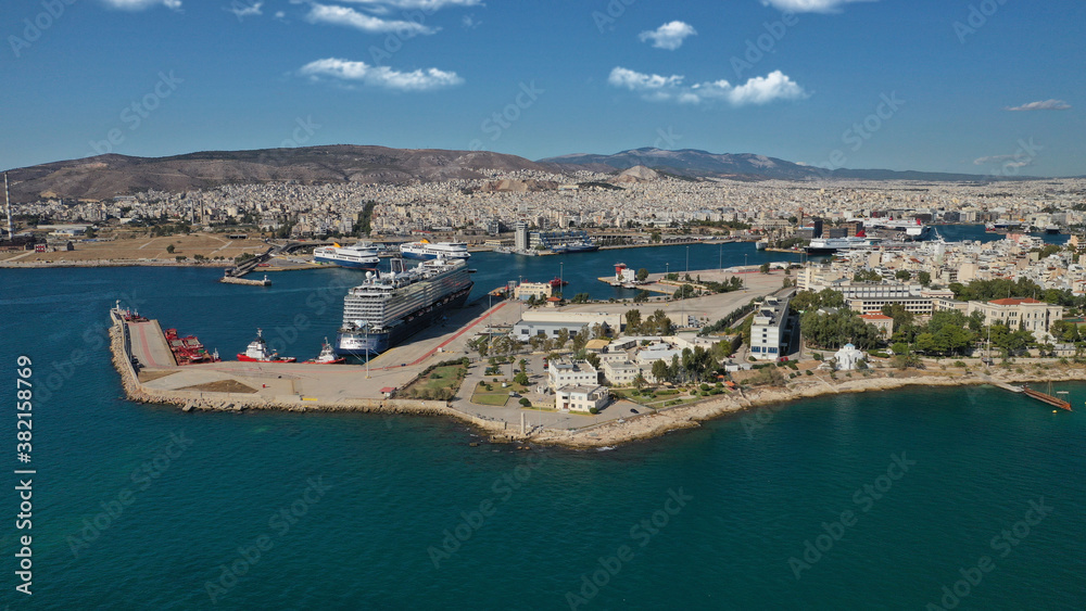 Aerial drone photo of busy port of Piraeus one of the largest in Mediterranean sea, Attica, Greece