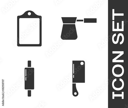 Set Meat chopper, Cutting board, Rolling pin and Coffee turk icon. Vector.