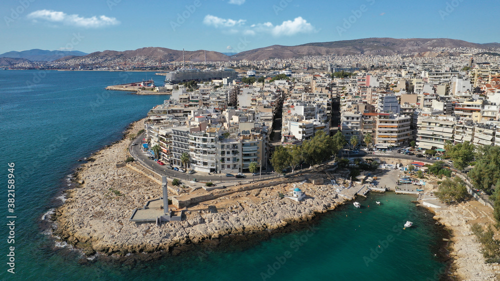 Fototapeta premium Aerial drone photo of busy port of Piraeus one of the largest in Mediterranean sea, Attica, Greece