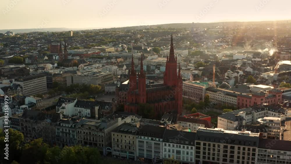 Symbol of Wiesbaden the Marktkirche in red and low angle light Symbol of Wiesbaden the Marktkirche in red and low angle light