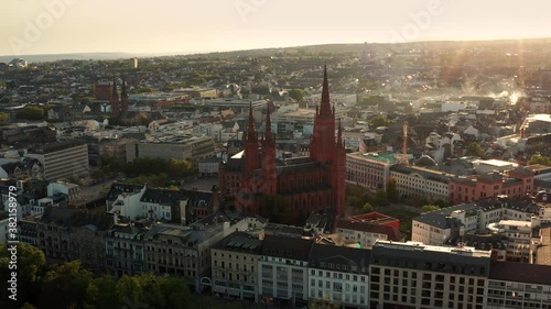 Symbol of Wiesbaden the Marktkirche in red and low angle light