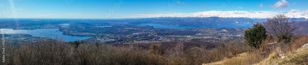 wide angle view of the Lake Maggiore and the Alps from Mount Campo dei Fiori