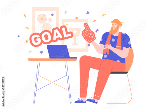 Male spectator fan watching an online sports broadcast from a laptop. The character is wearing a scarf and big fan glove. Goal text. Vector flat illustration.