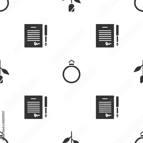Set Flower rose, Diamond engagement ring and Marriage contract on seamless pattern. Vector.