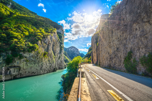 Furlo Pass or Gola del Furlo, road, river and gorge on the ancient Roman road Via Flaminia. Marche Italy.