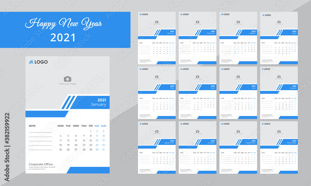 Wall Month Calendar 2021 Design.Set vector, illustration & all year calendar.