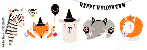 Kids Halloween illustration, cute animals in party costumes, trick or treating. Hand drawn vector. Isolated on white. Scandinavian style flat design. Concept for children print, banner, card, invite.