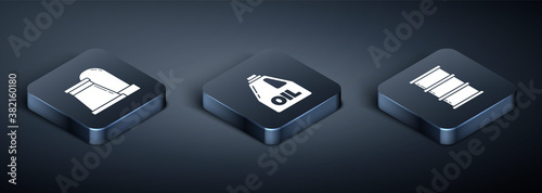 Set Isometric Oil and gas industrial factory building, Barrel oil and Canister for motor machine oil icon. Vector.