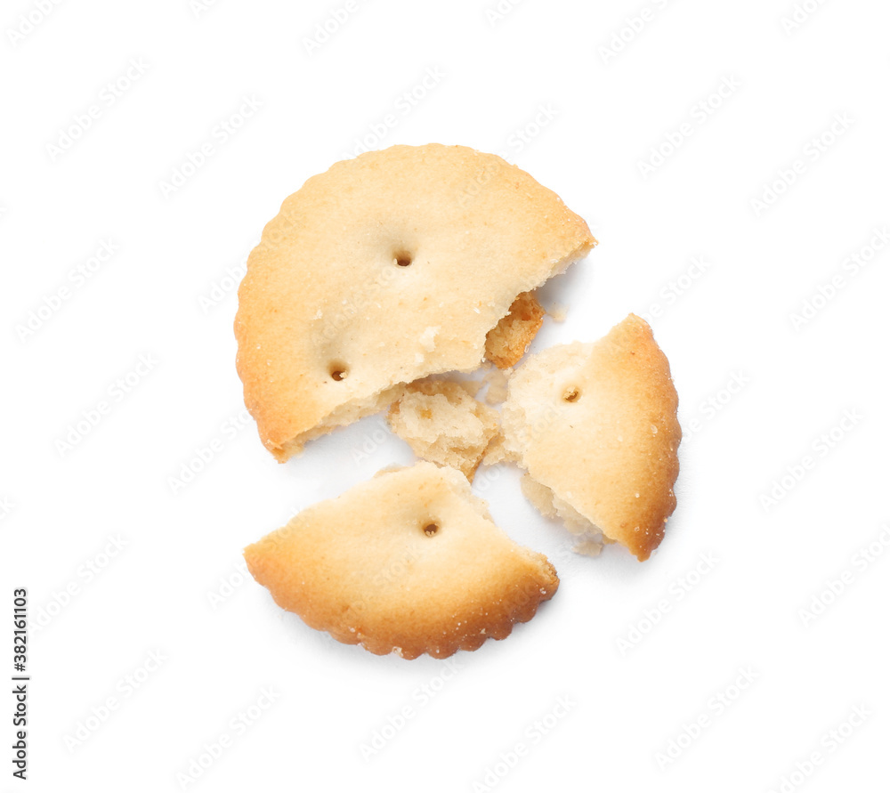 Broken delicious crispy cracker isolated on white, top view Broken delicious crispy cracker isolated on white, top view