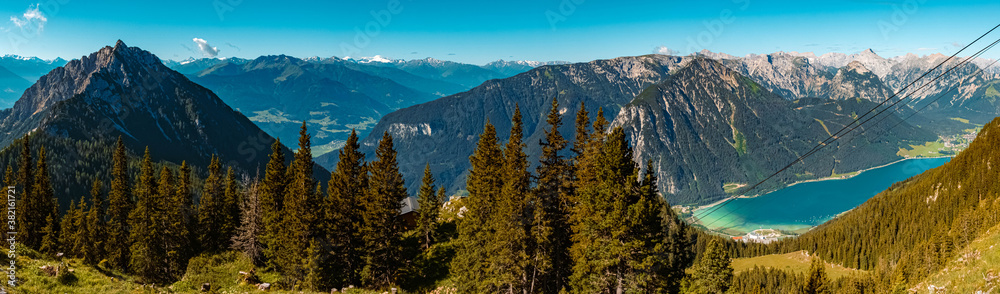 High resolution stitched panorama of a beautiful alpine far view of the Achensee at the famous Rofan summit, Maurach, Achensee, Pertisau, Tyrol, Austria