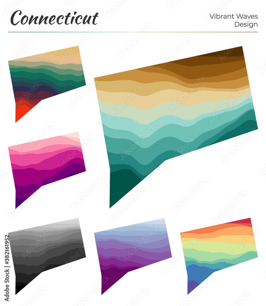 Set of vector maps of Connecticut. Vibrant waves design. Bright map of us state in geometric smooth curves style. Multicolored Connecticut map for your design. Elegant vector illustration.