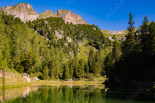 Beautiful alpine view with reflections in a lake at the famous Rofan summit, Maurach, Achensee, Pertisau, Tyrol, Austria