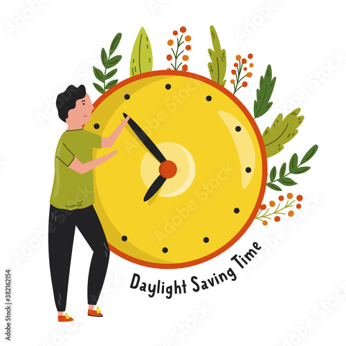 Daylight Saving Time. Abstract design with a man changing time at clock